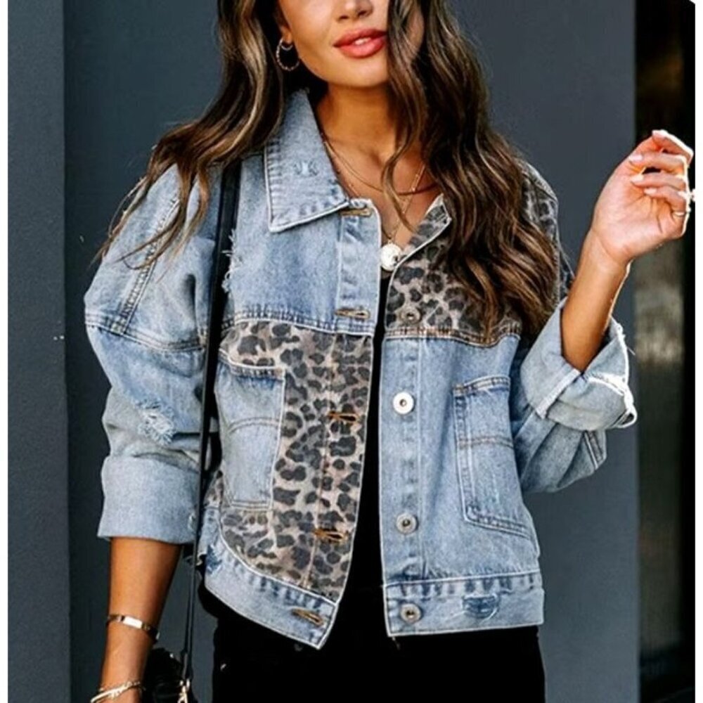 Boutique Leopard Patchwork Denim Jacket Blue Oversized Boyfriend Fit Small NWOT